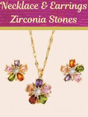 Multicolor Floral Necklace & Earrings with Zirconia & Gold Color details